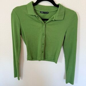 ZARA Green Ribbed Button-Down Crop Top